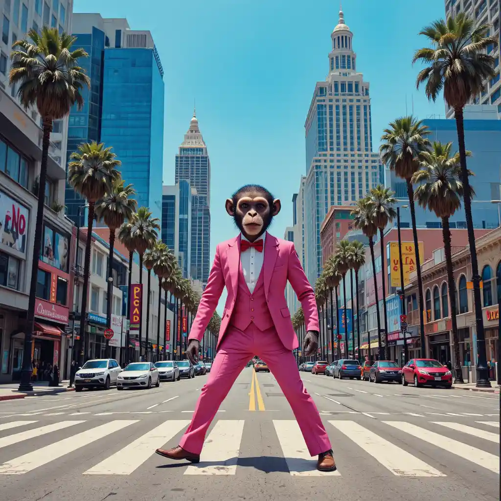 Stylish monkey in pink tuxedo on a Los Angeles street