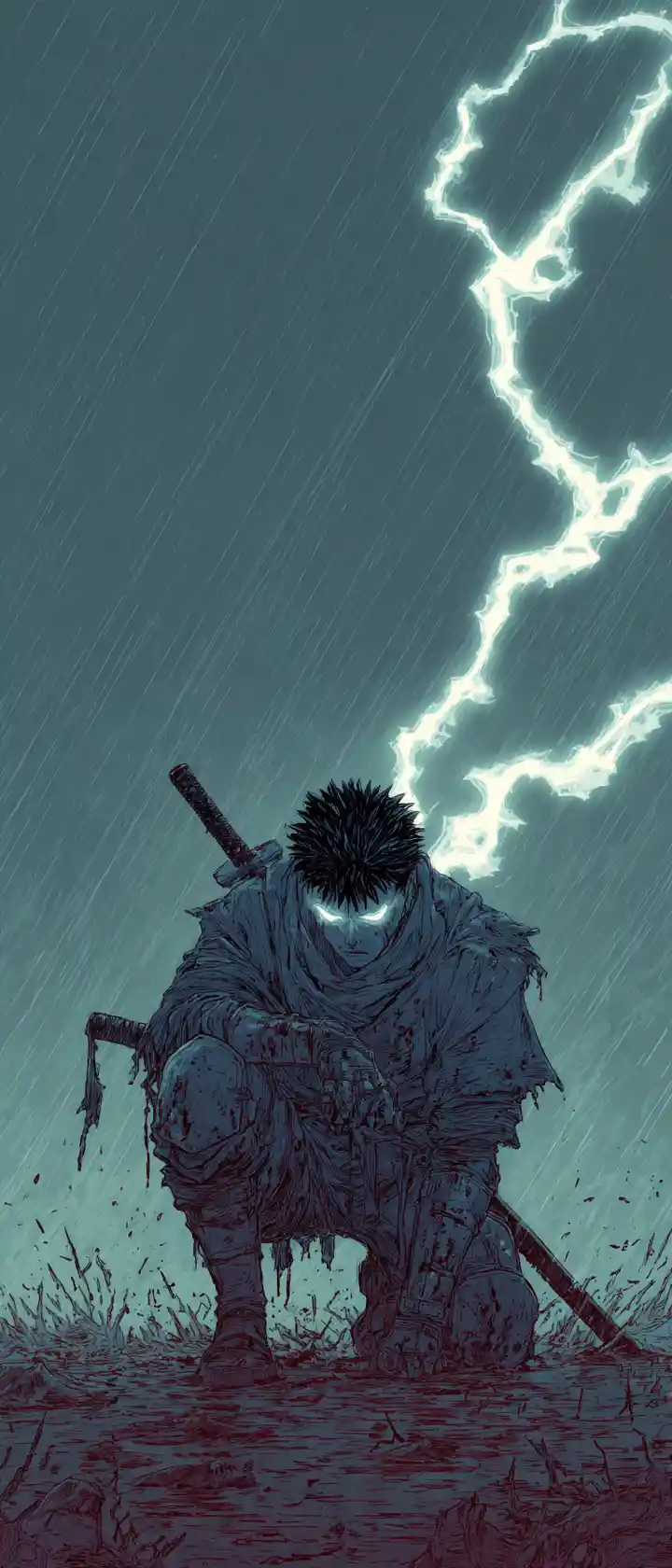 Guerrero de anime arrodillado bajo la lluvia en un campo de batalla en ruinas