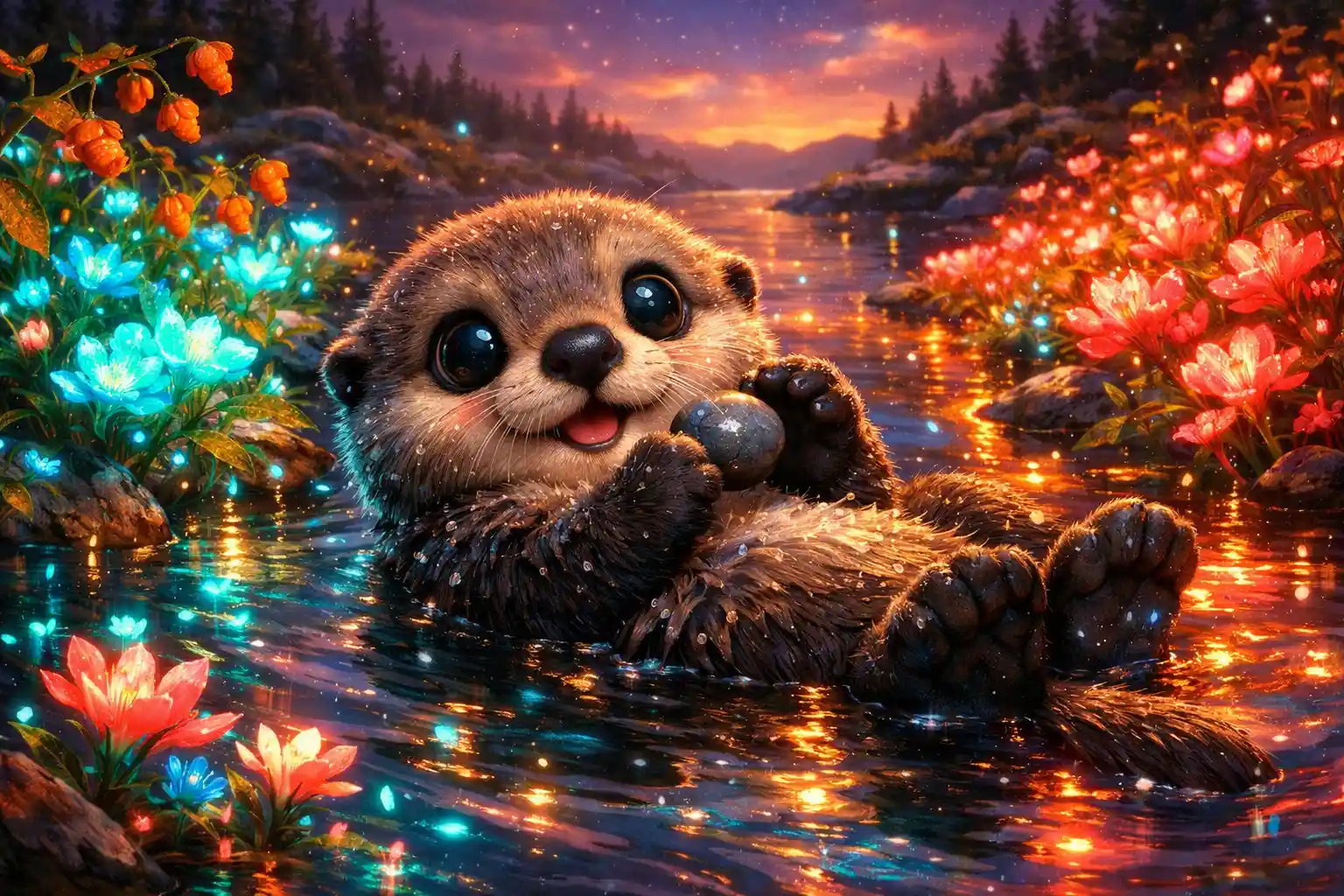 Cute baby sea otter floating in a glowing river