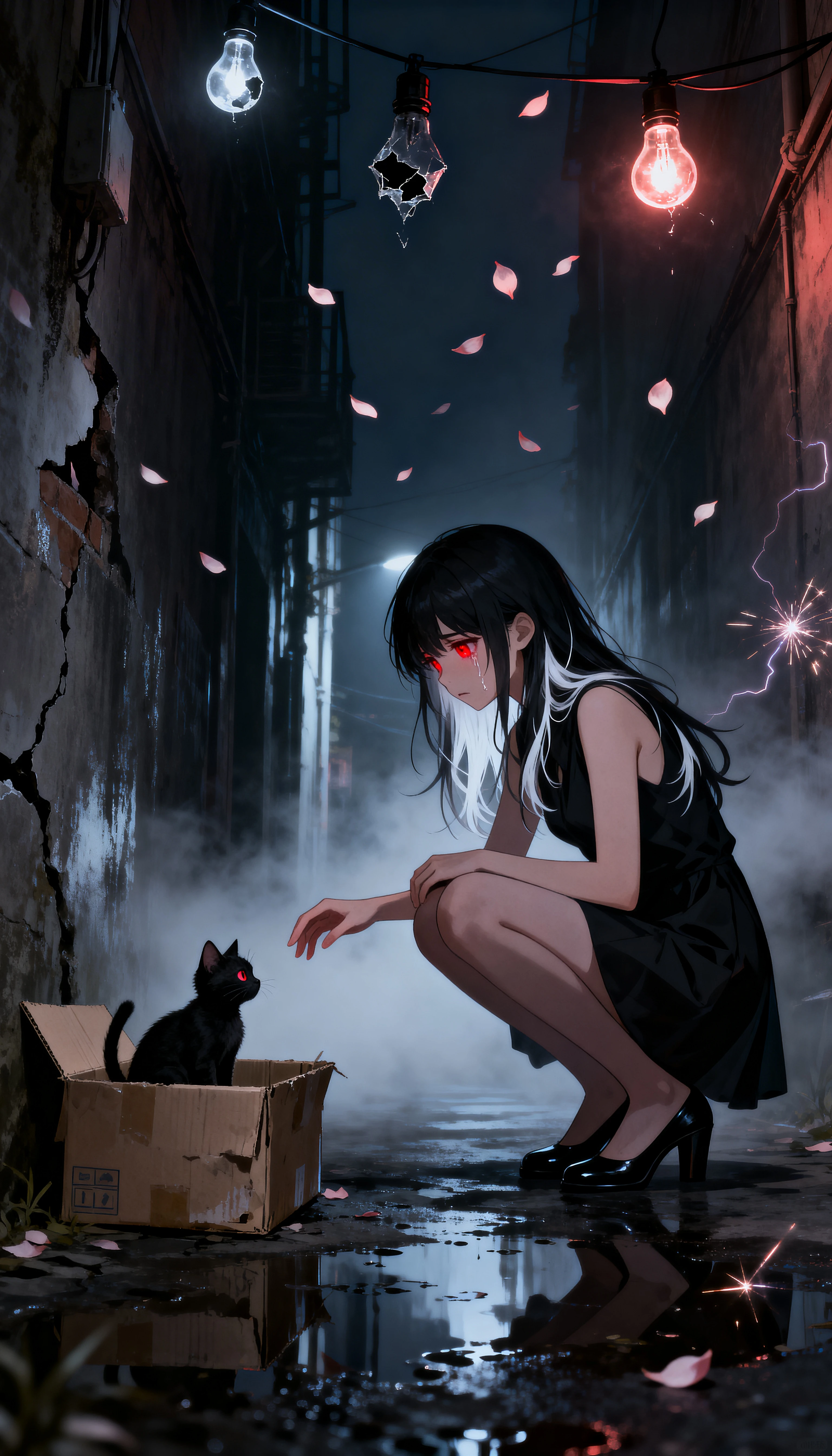 Lonely anime girl reaching toward a black kitten at night