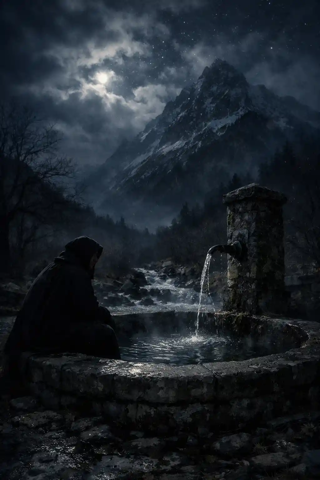 Einsame Gestalt an einem Bergbrunnen im kalten Sternenlicht