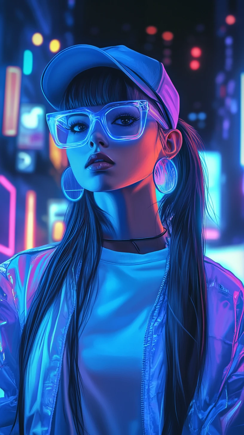 Energetic girl in neon blue jacket in digital cityscape