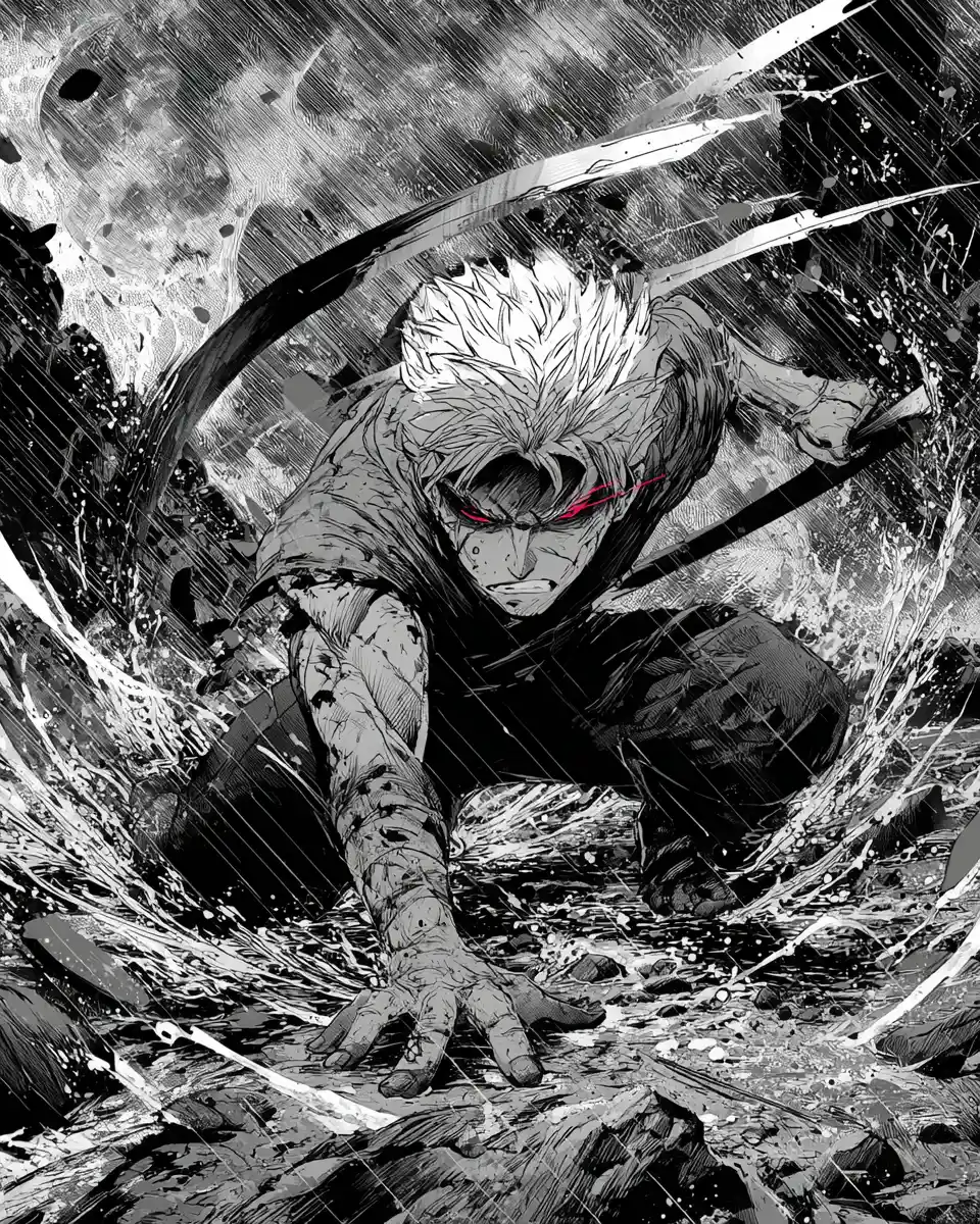 Fierce manga warrior lunging across a stormy battlefield