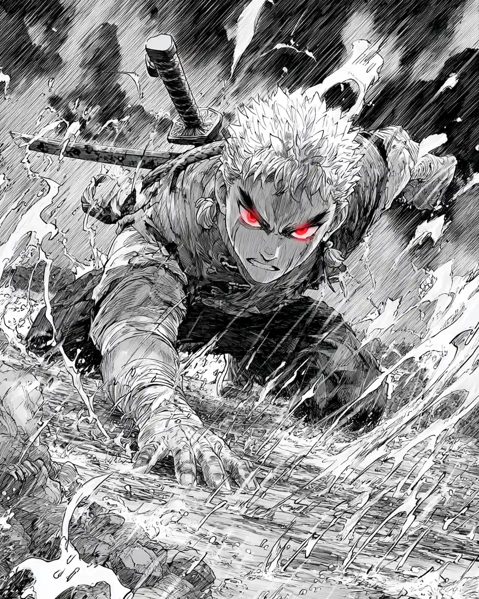 Fierce anime warrior lunging on stormy battlefield