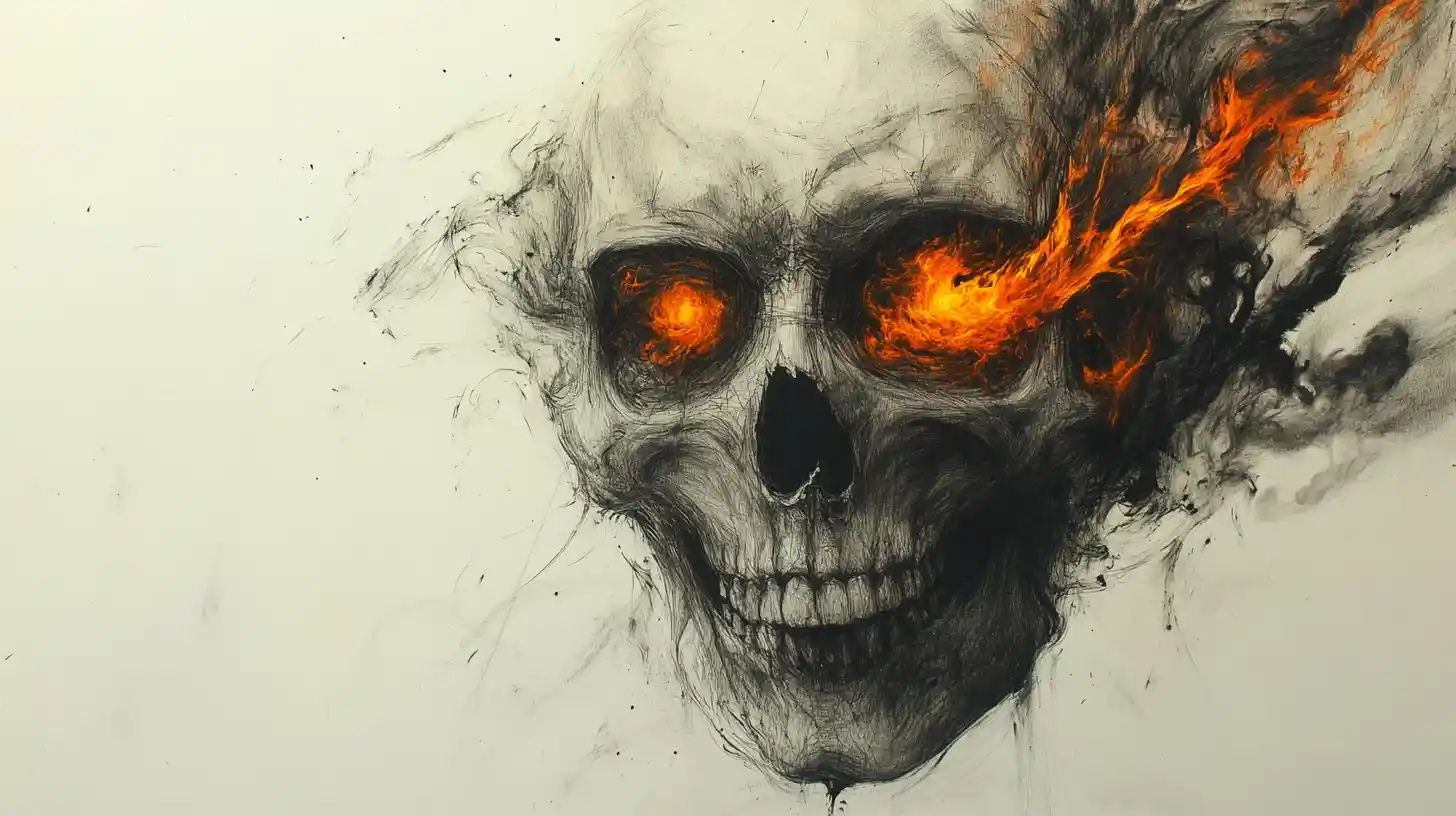 Charcoal skull close up with glowing eyes in abstract fire