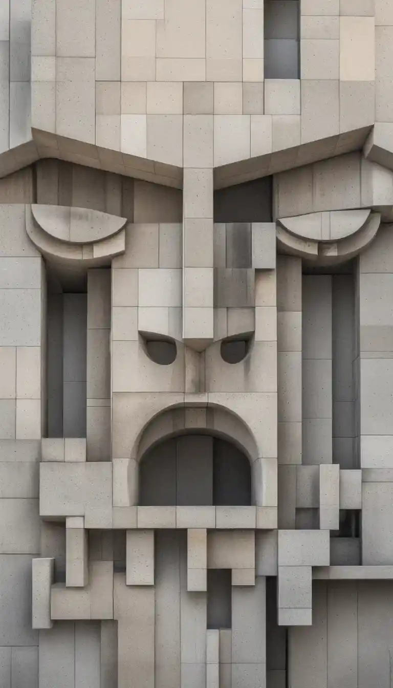 Surreal cubist faces fused in monochrome stone tones