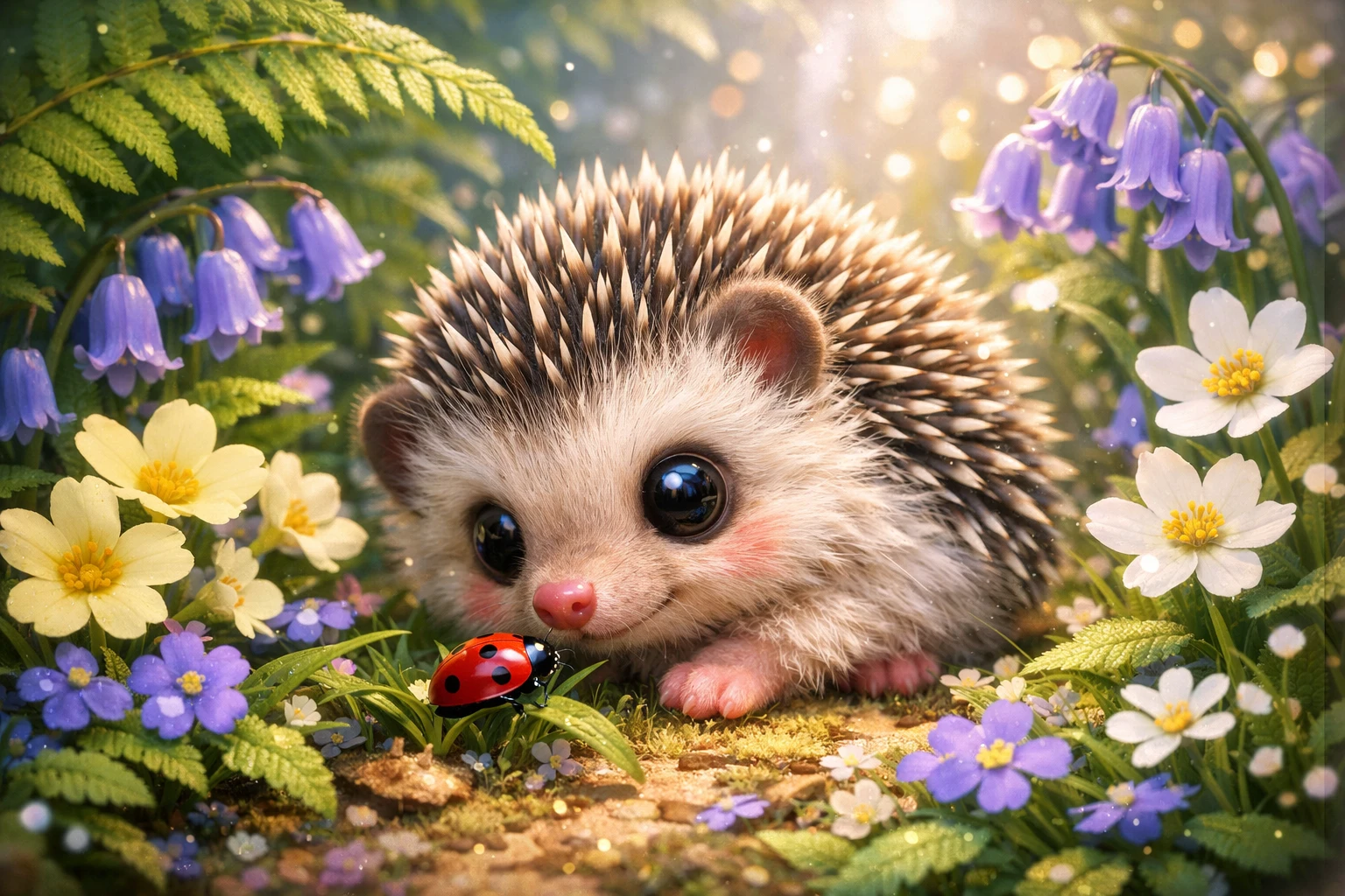 てんとう虫と魔法の森の中のかわいい赤ちゃんハリネズミ