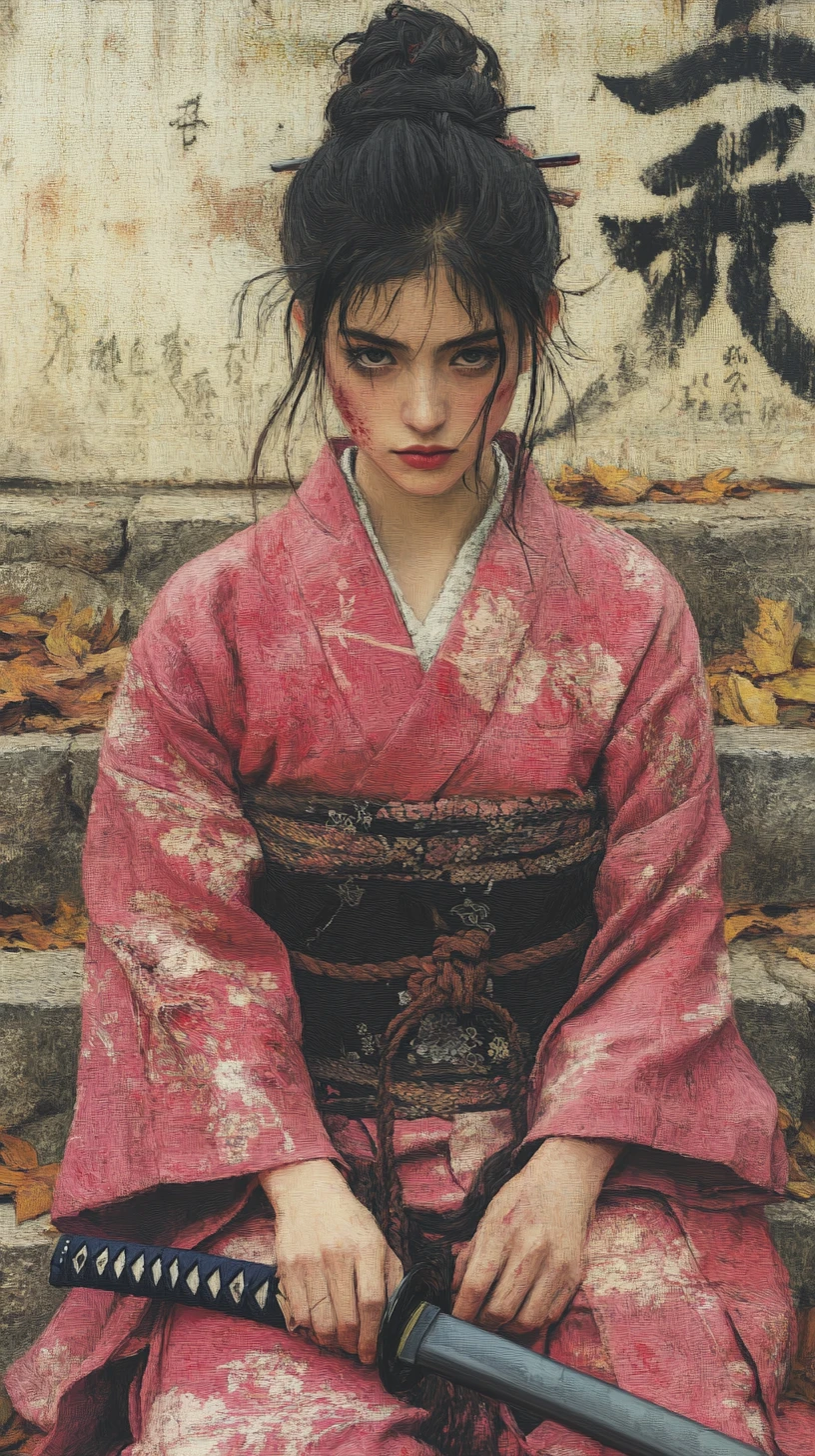 Giovane donna in kimono rosa seduta con katana su gradini di pietra
