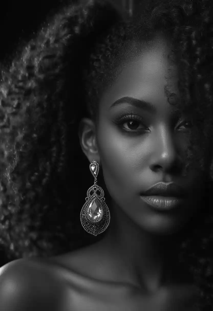 Retrato de beleza em preto e branco de uma mulher com cabelo afro