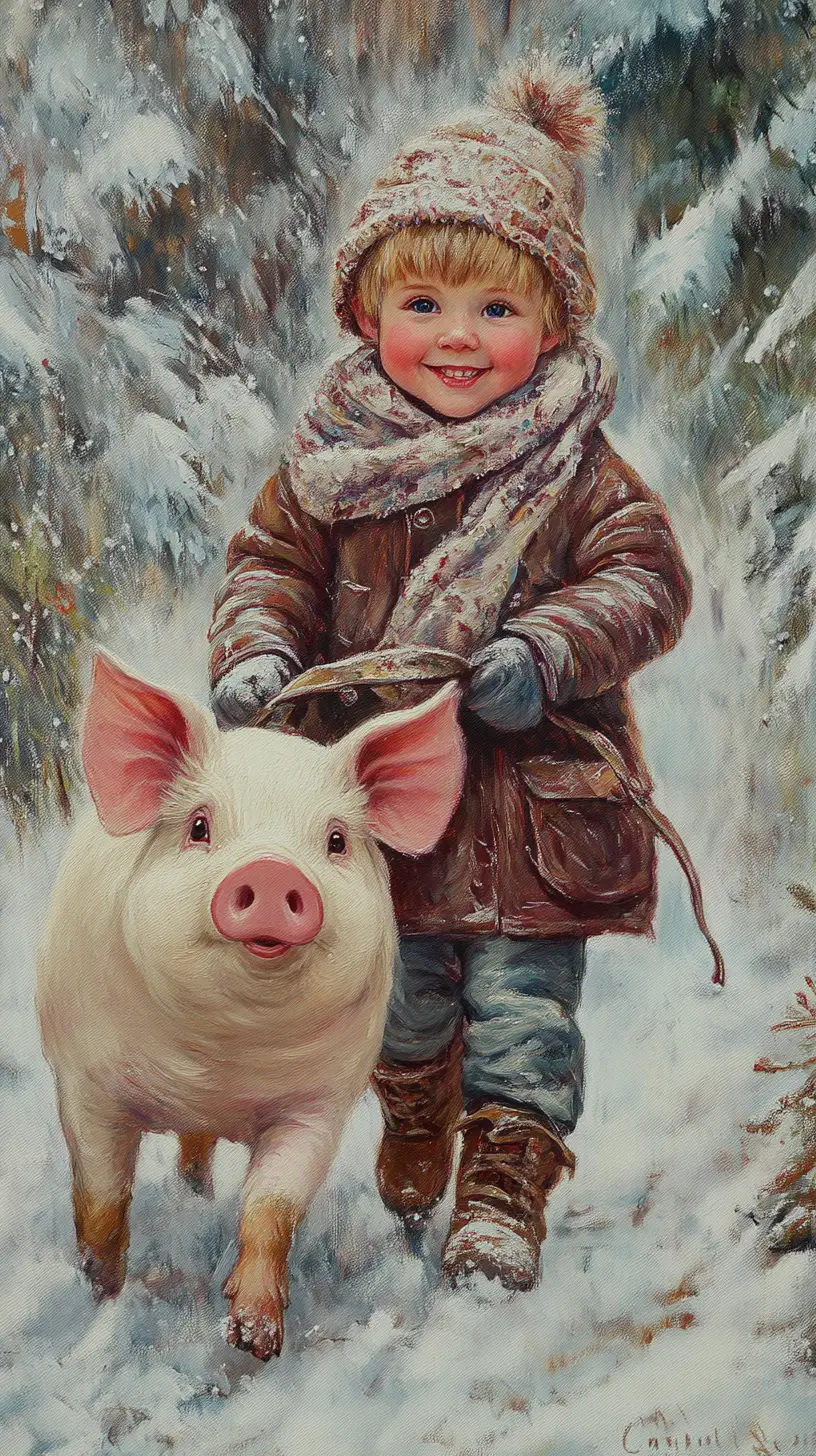 Happy young boy in winter clothes riding a pig in forest