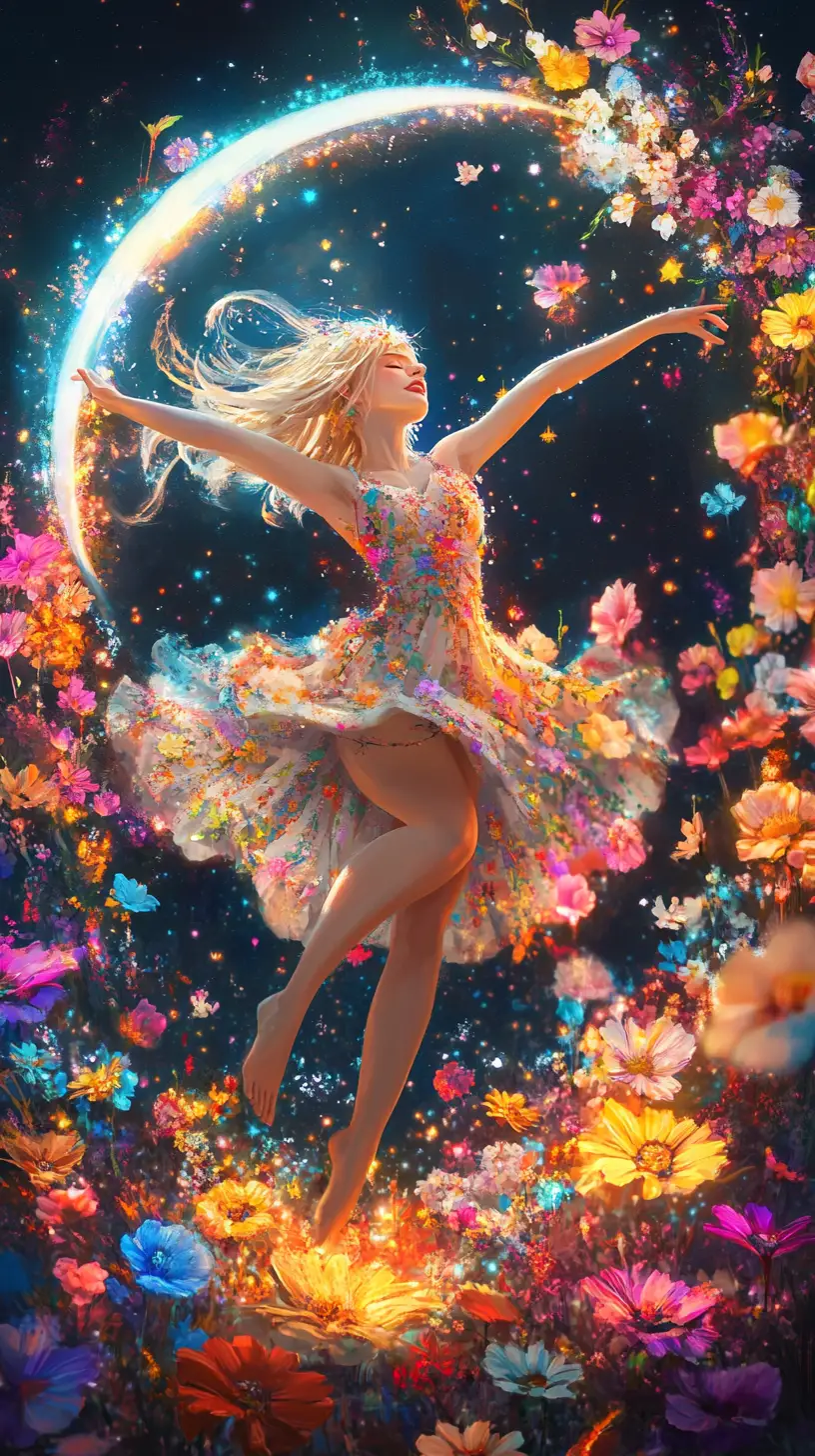 Ragazza bionda danzante in un giardino di fiori celestiali luminosi