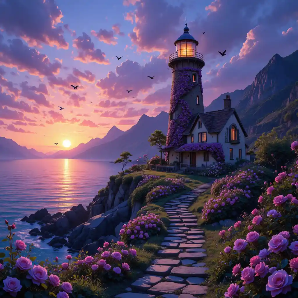 Phare fantastique et féerique avec cottage sur une côte lumineuse