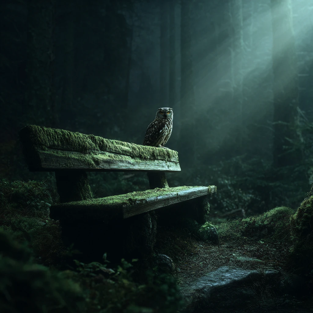 Owl On Mossy Wooden Bench In Dark Forest Flashlight Glow