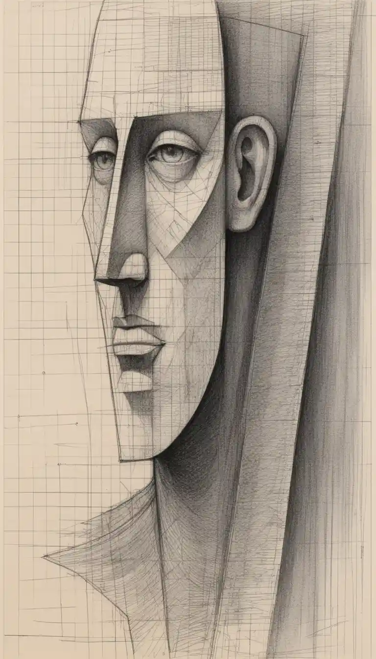 Cubist graphite profile portrait with geometric faceted head