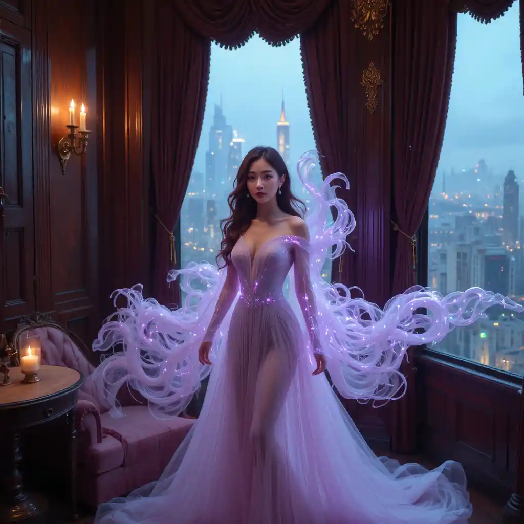 Femme coréenne avec étole de plasma dans une tour luxueuse