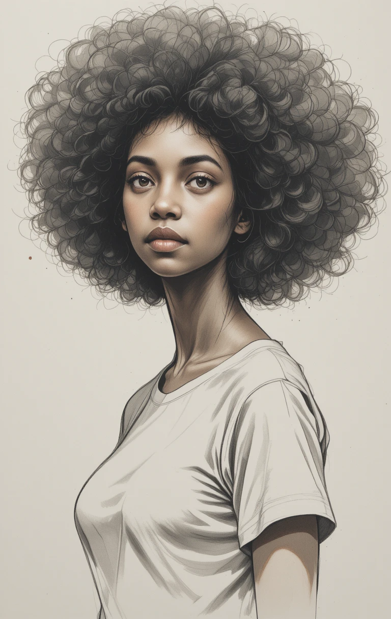Charcoal close up of a young black woman with afro hair