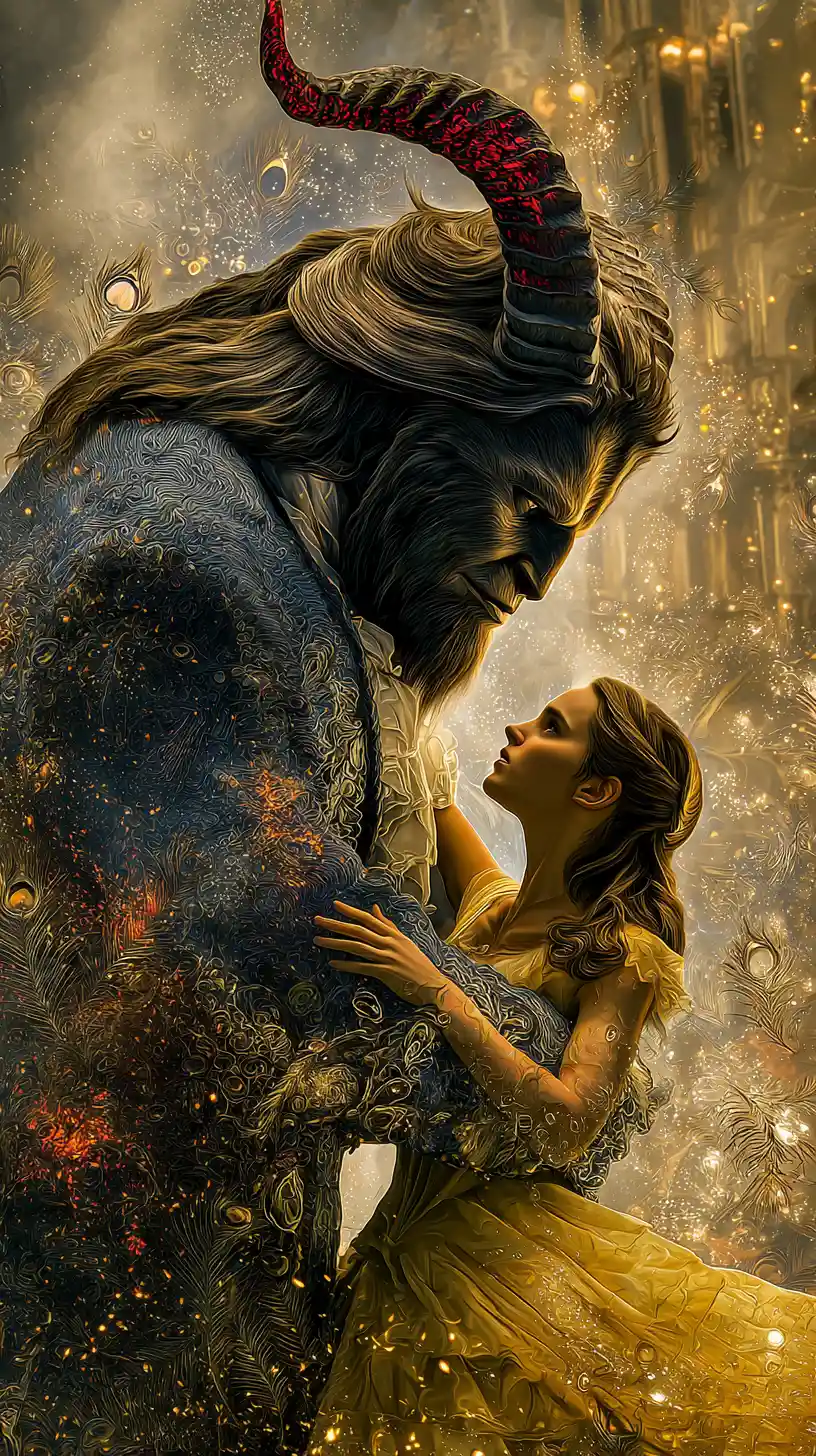 Surreal beauty dancing with a celestial beast in ruins