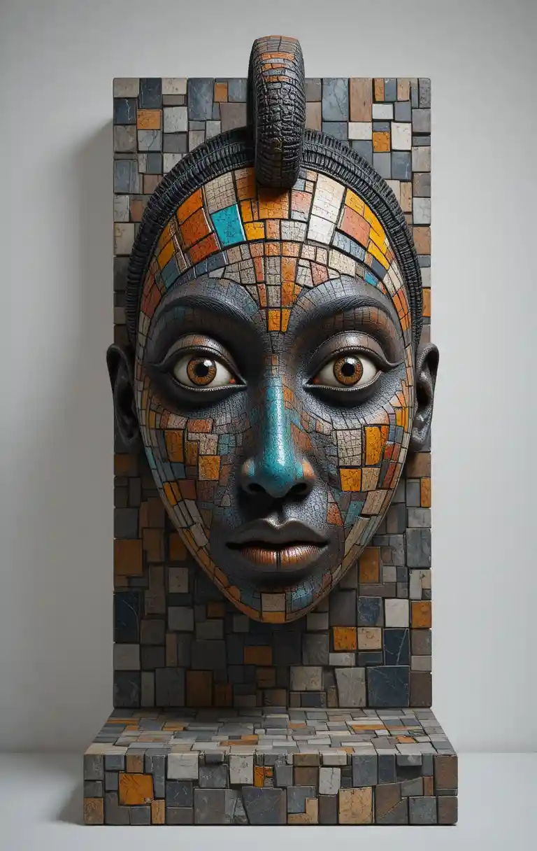 Mosaico de máscara tribal de cerâmica colorida em close