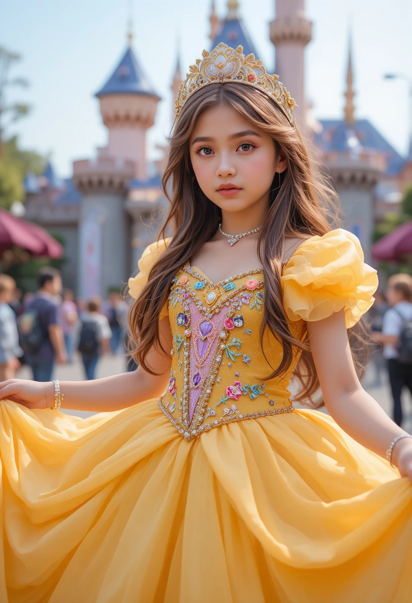 Young boy in princess gown at a magical theme park