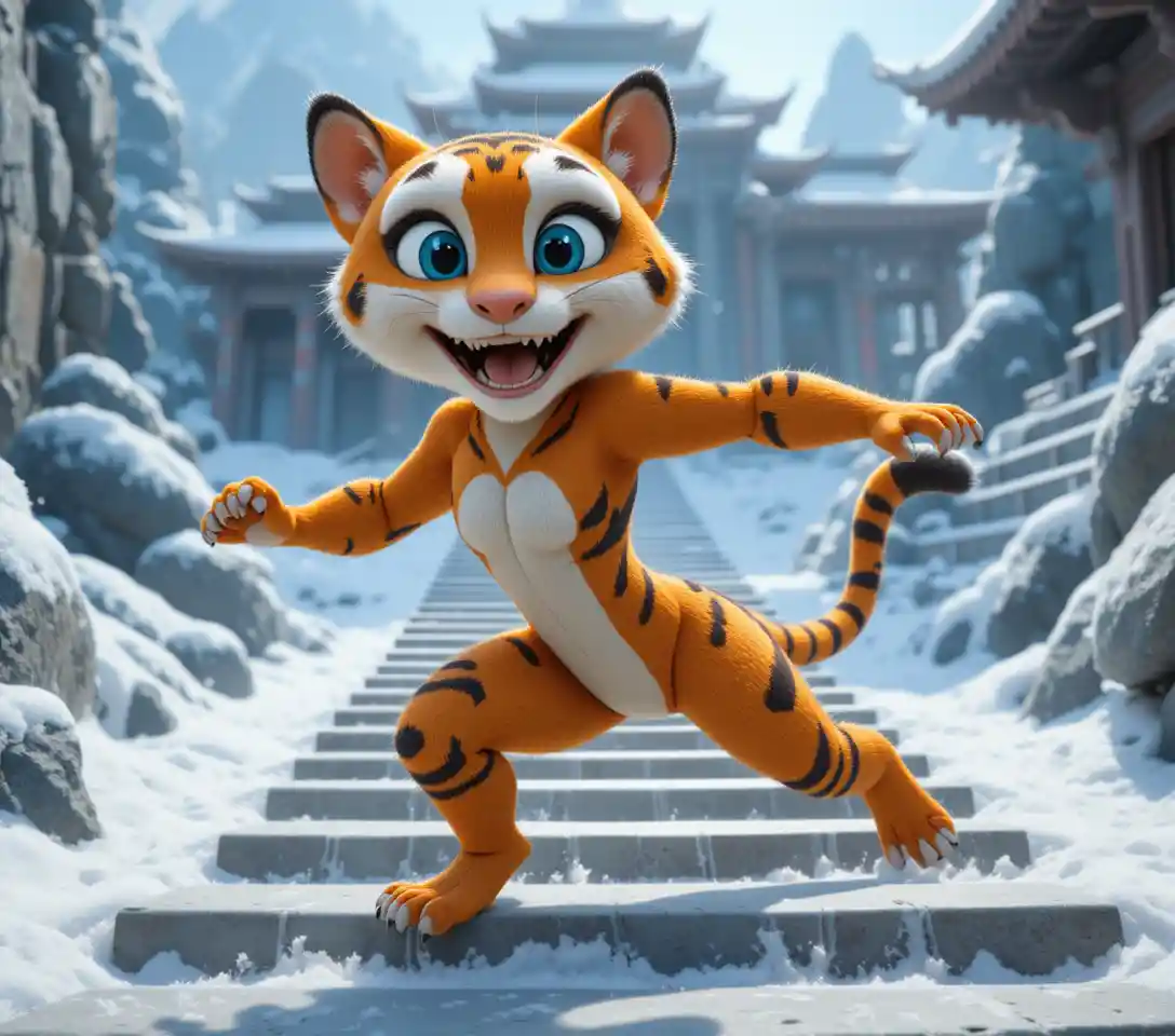 Joyful 3D tigress hero on snowy temple steps