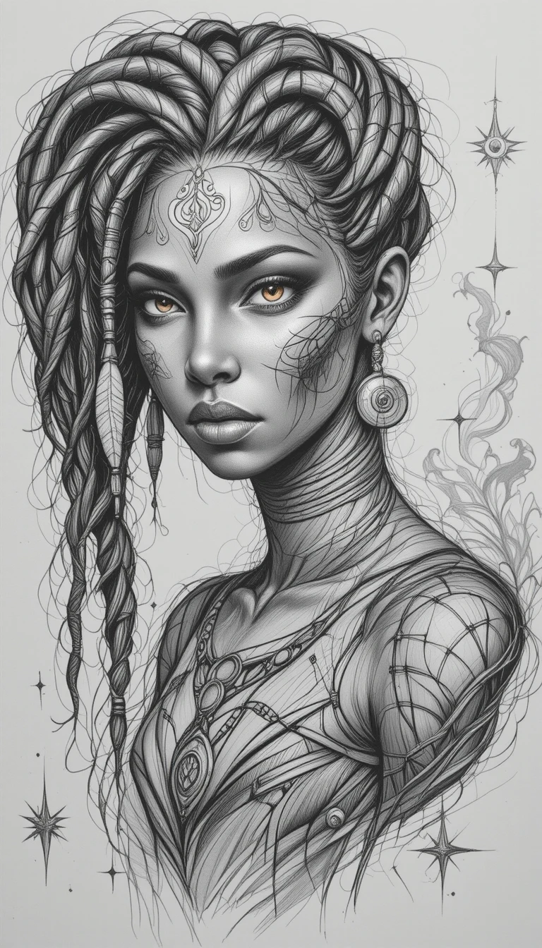 Mystical tribal warrior woman in detailed pencil portrait