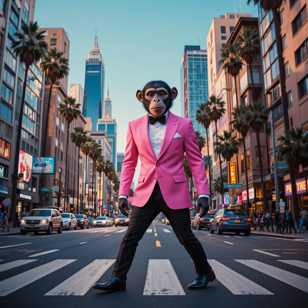 Stylischer Affe im pinken Smoking auf einer Straße in Los Angeles