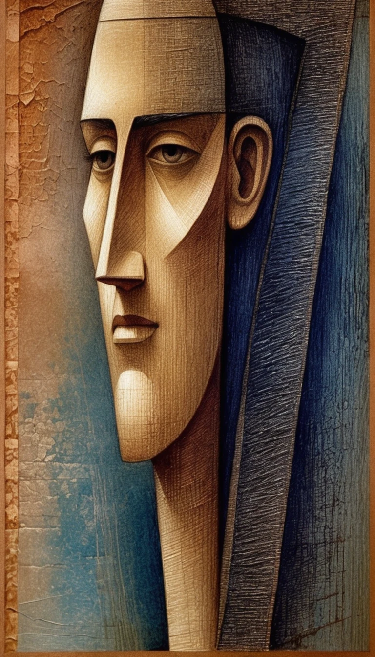 Cubist graphite profile portrait on textured brown paper