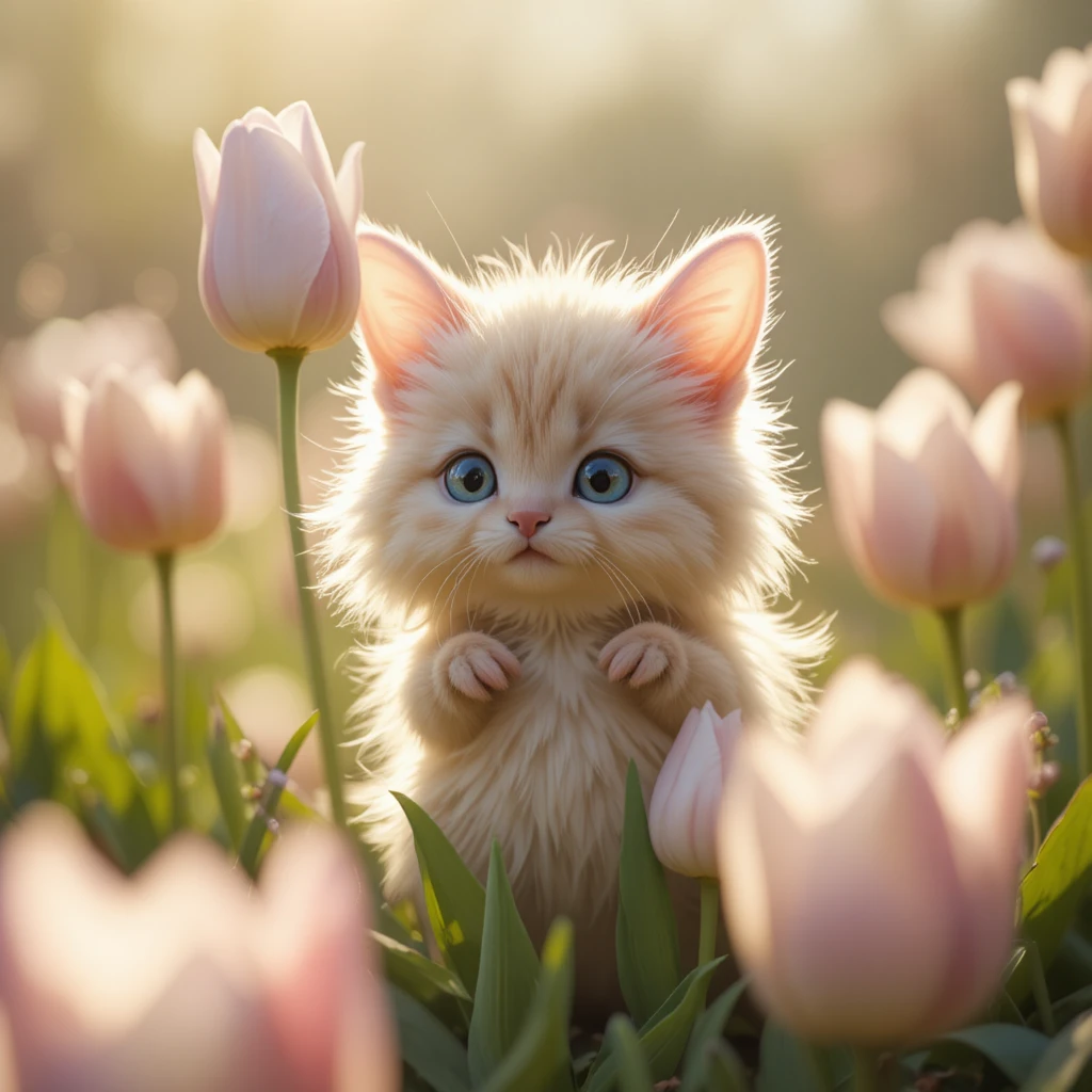 Verspieltes flauschiges Wesen, das sich zwischen hohen blühenden Tulpen versteckt