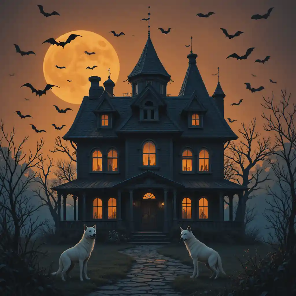 Haunted House Under Orange Sky With Bats And Wolves