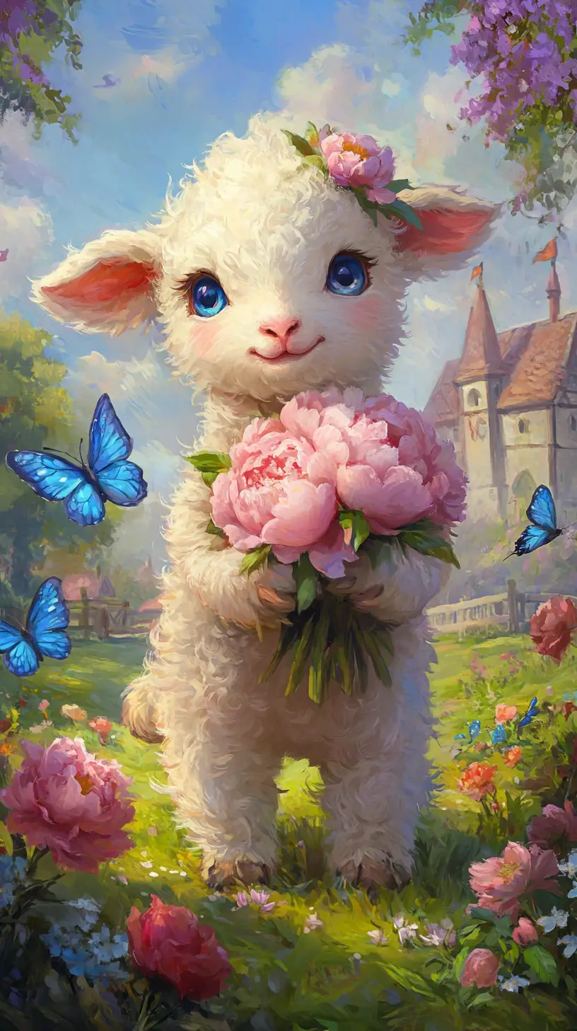 Cute white lamb with flowers on a sunny farm