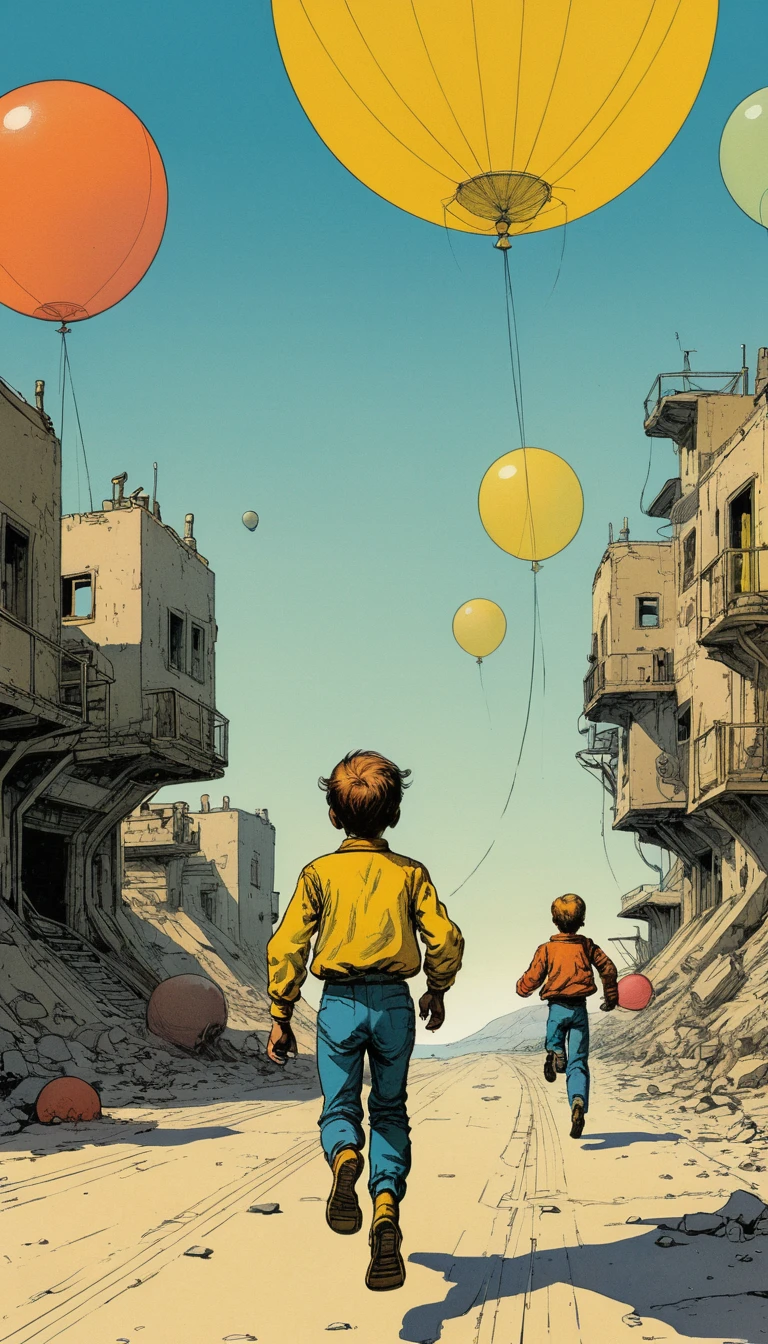 Ragazzo che corre con palloncini su audace sfondo grafico giallo