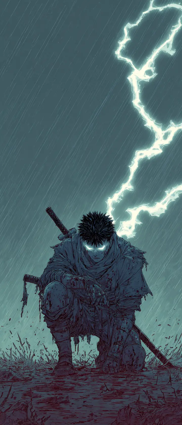 Anime warrior kneeling in rain on a ruined battlefield