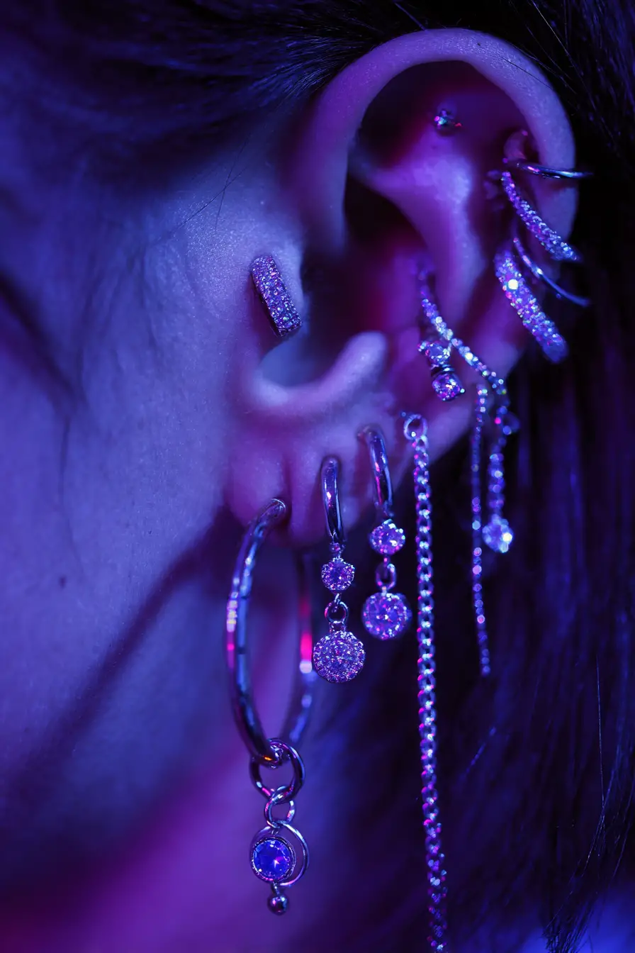 Close up ear with multiple diamond studded piercings