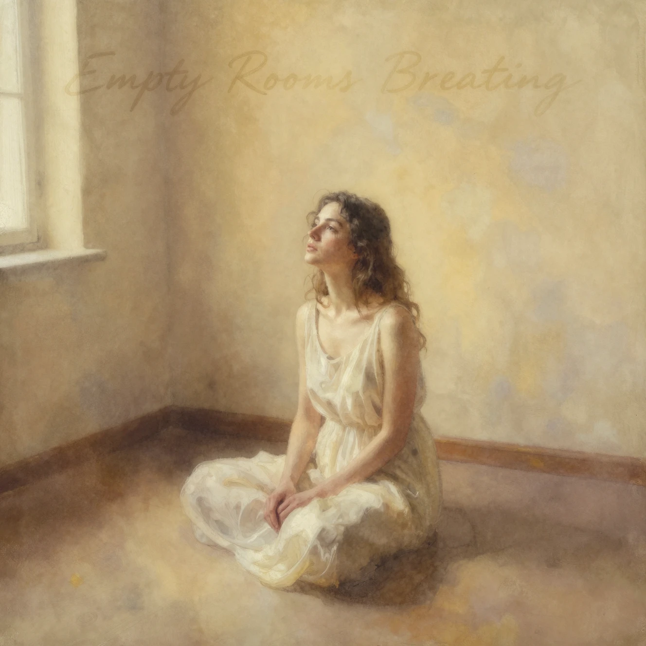 Jeune femme dans une pièce vide baignée d’une douce lumière aquarelle