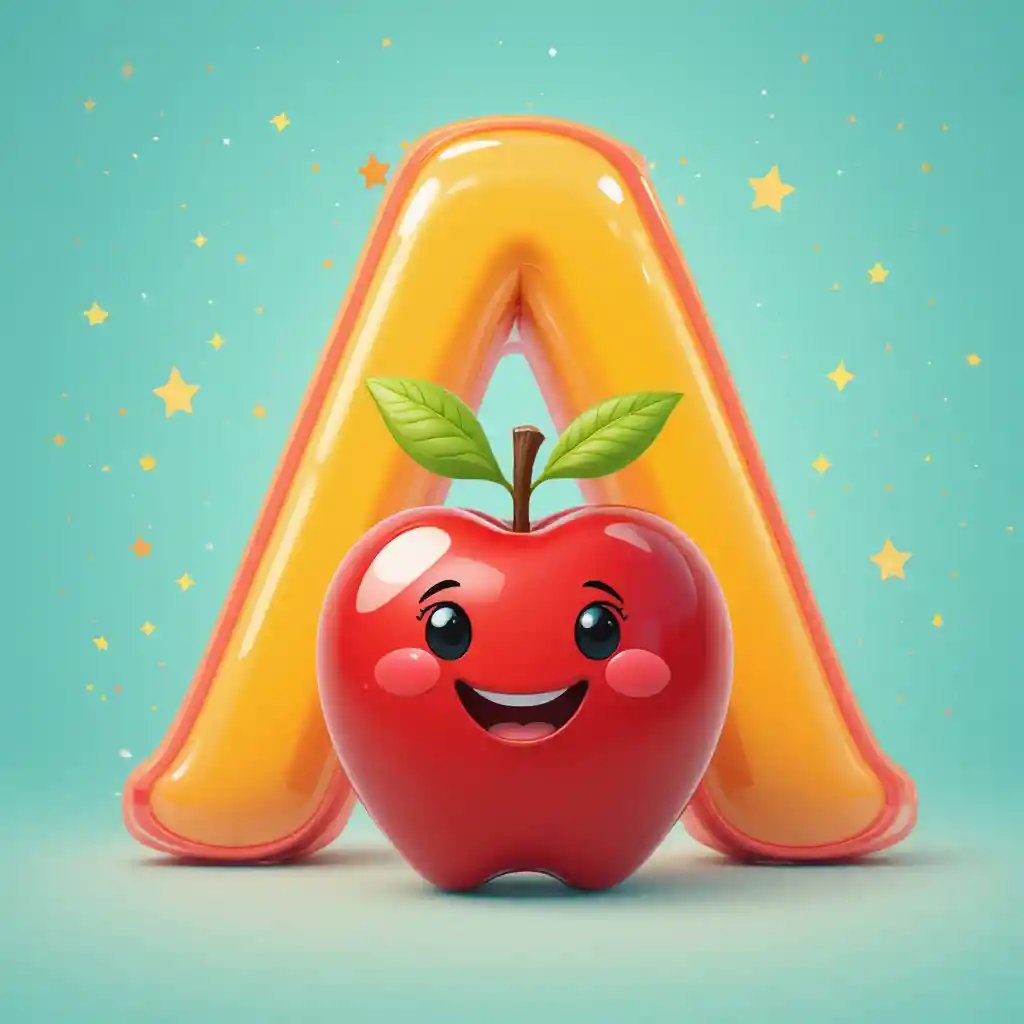 Cute red apple with smiling face and big letter A