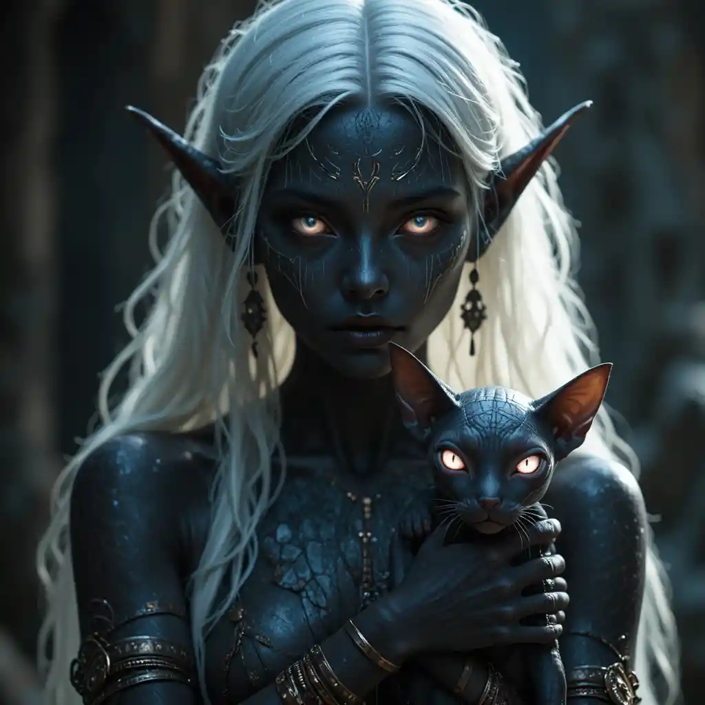 Dark elf woman holding a demonic cat in shadowy light