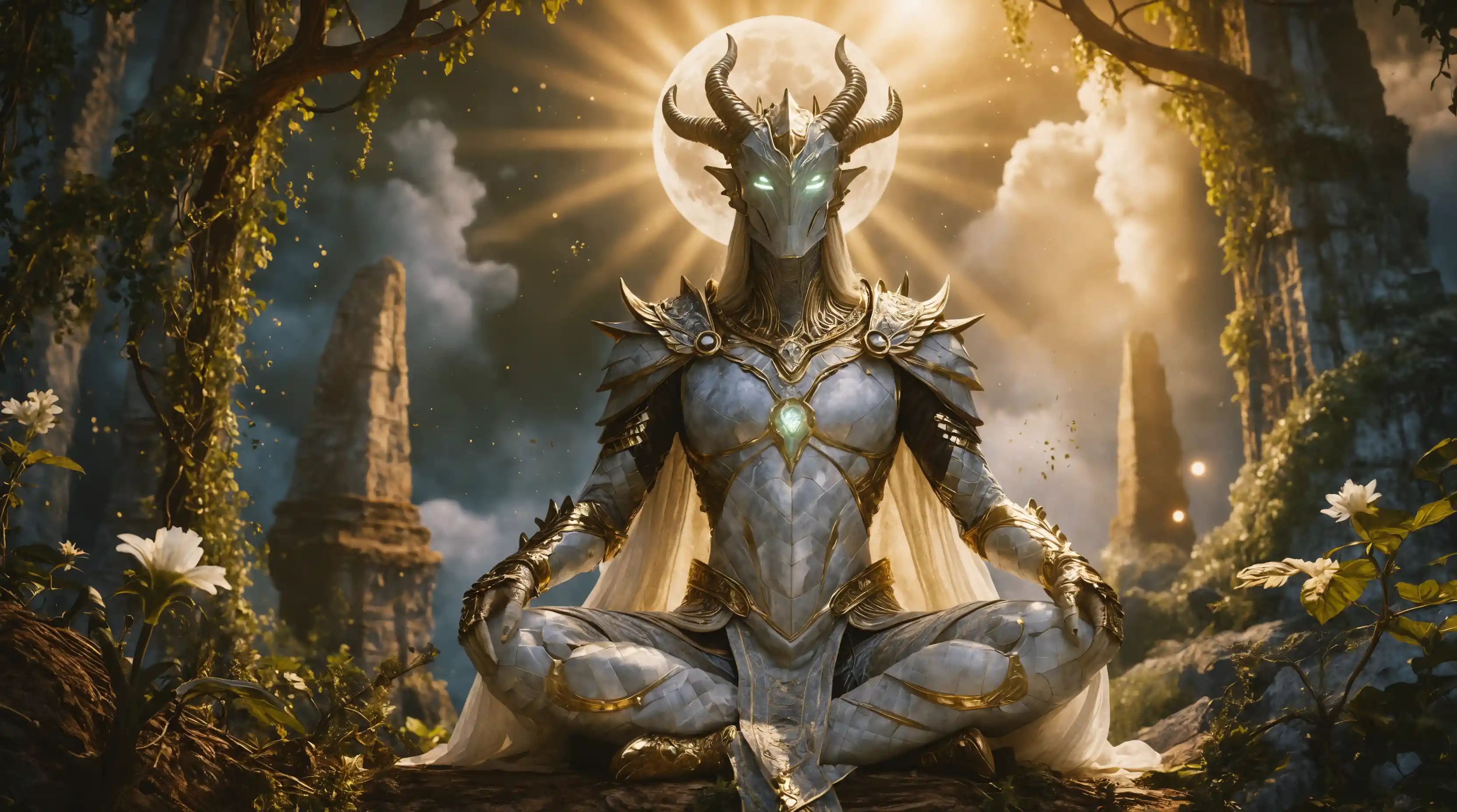Himmlischer Kriegsgeschmiedeter Druide kniet in mondbeschienener Meditation