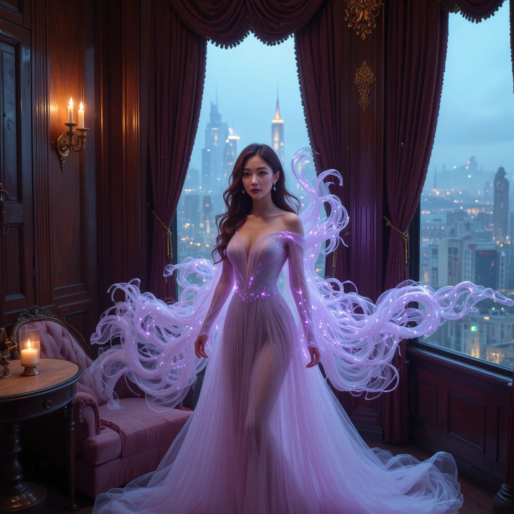 Femme coréenne avec étole de plasma dans une tour luxueuse