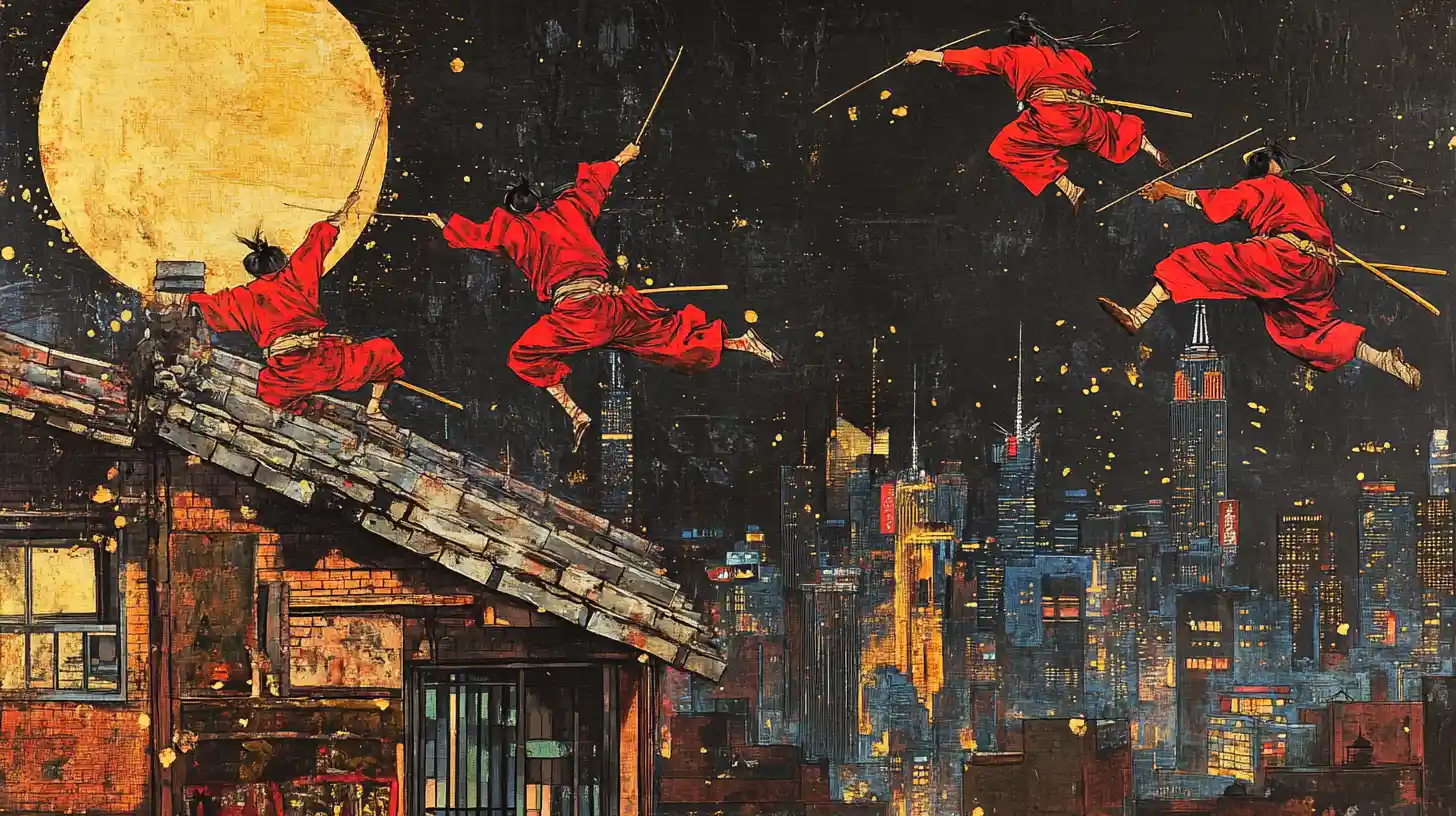 Ninja in rosso che saltano sui tetti di New York di notte