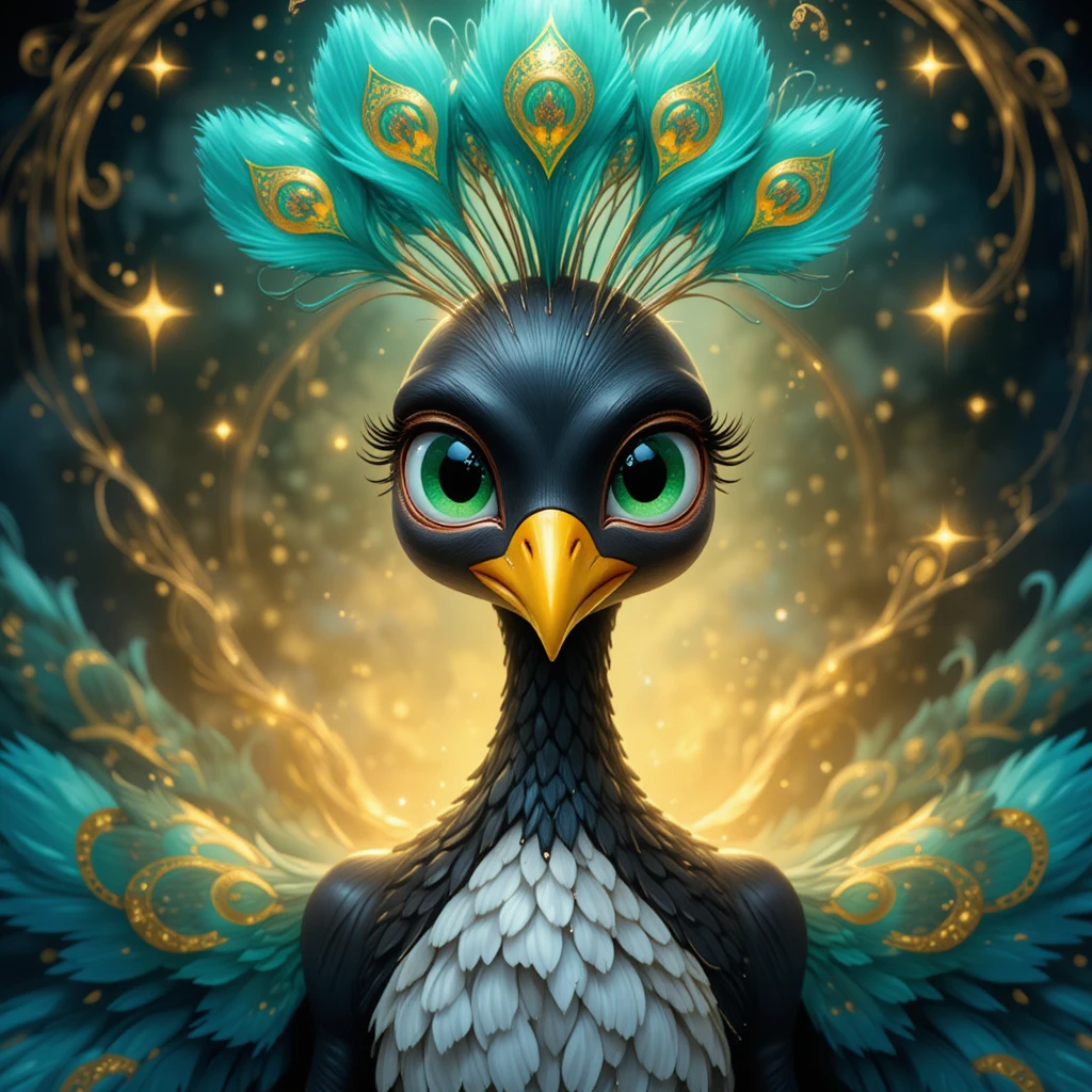 Pavo real de fantasía encantador con cola luminosa turquesa y dorada