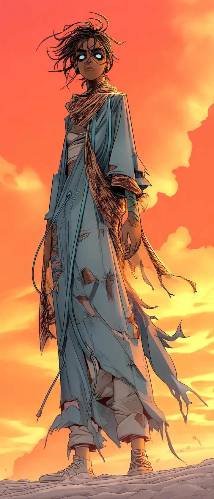 Anime saudi woman on cyberpunk rooftop at dusk