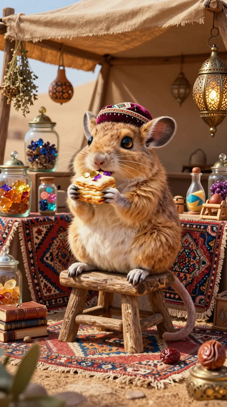 Cute desert rodent with pastry in a fantasy bazaar