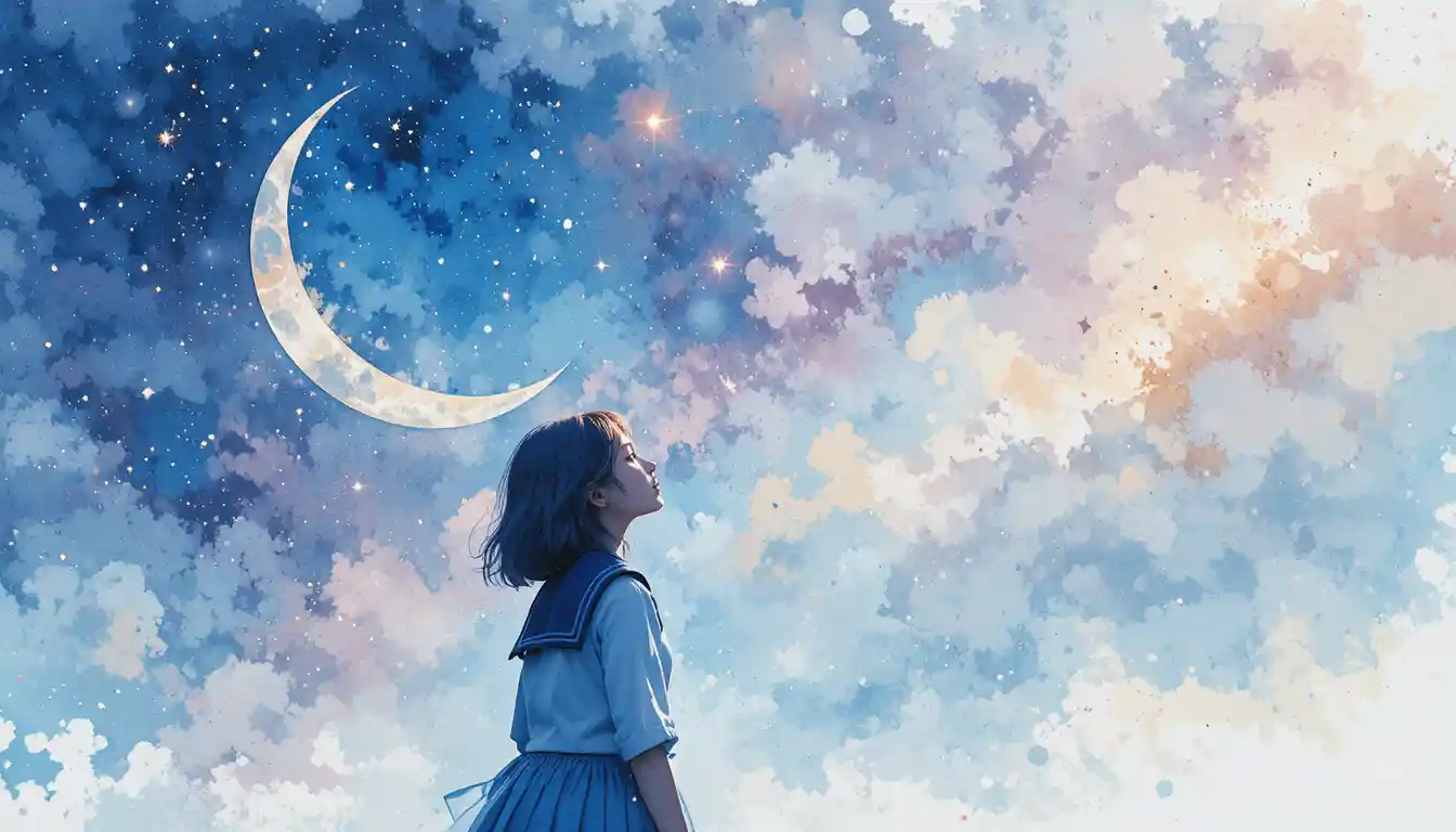 Studentessa delle superiori in stile anime che osserva un cielo notturno con luna crescente