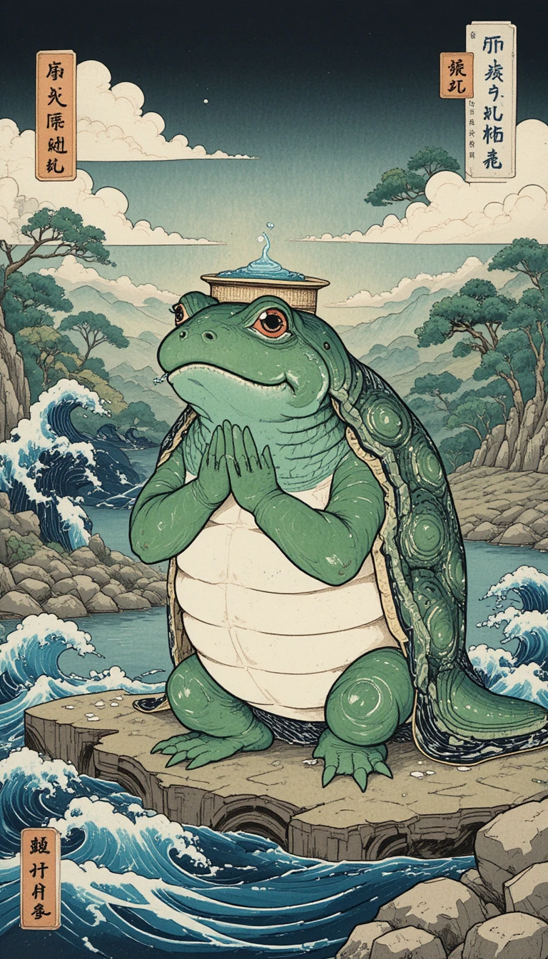 Traditioneller Kappa, der sich an einem Fluss im Ukiyo-e-Stil verbeugt