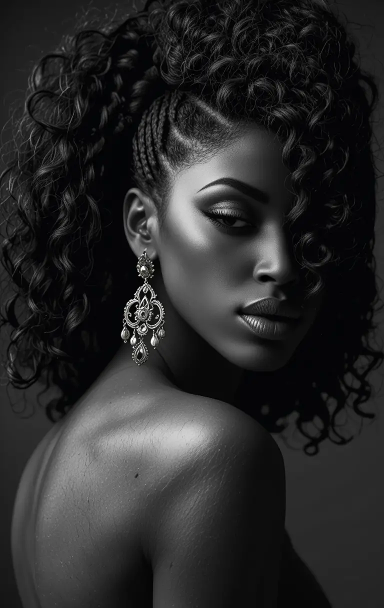 Retrato en blanco y negro de una mujer con cabello afro