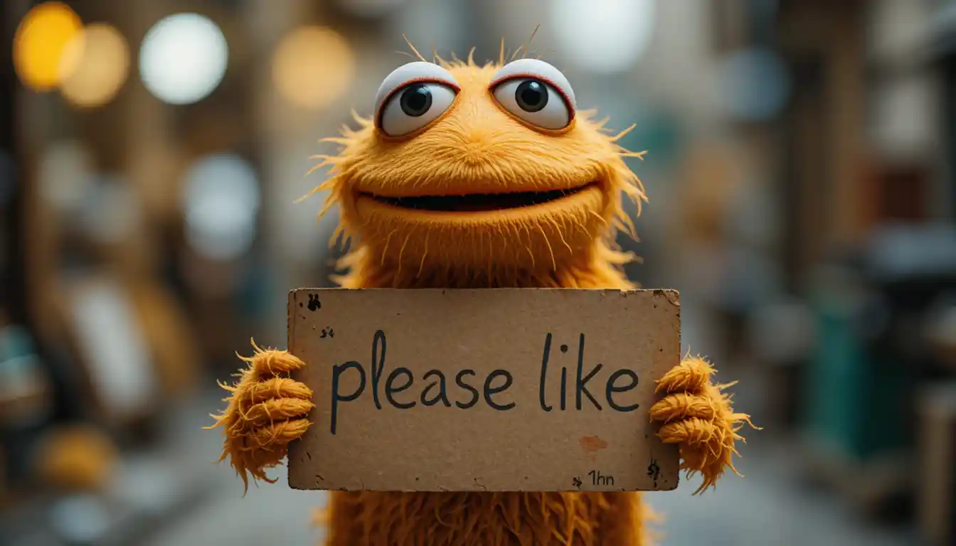 Personaggio dei cartoni che tiene un cartello di cartone con la scritta “please like”