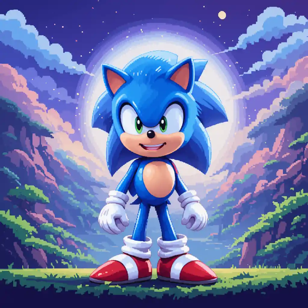 Anthropomorphic hedgehog character with retro 16 bit pixel background