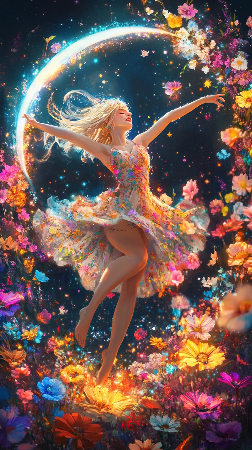 在發光天界花園中起舞的金髮少女