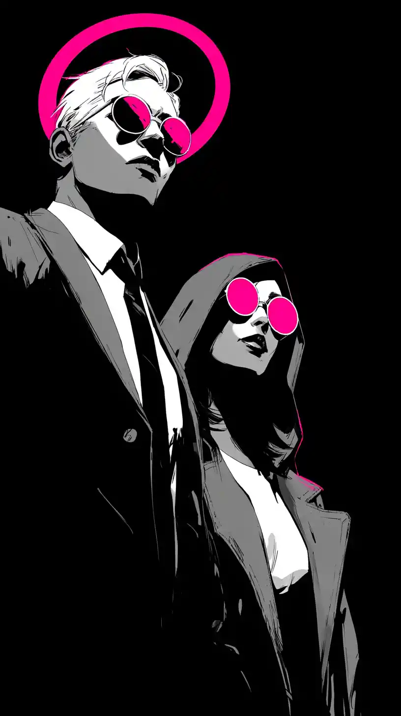 Noir couple with neon halo in graphic illustration