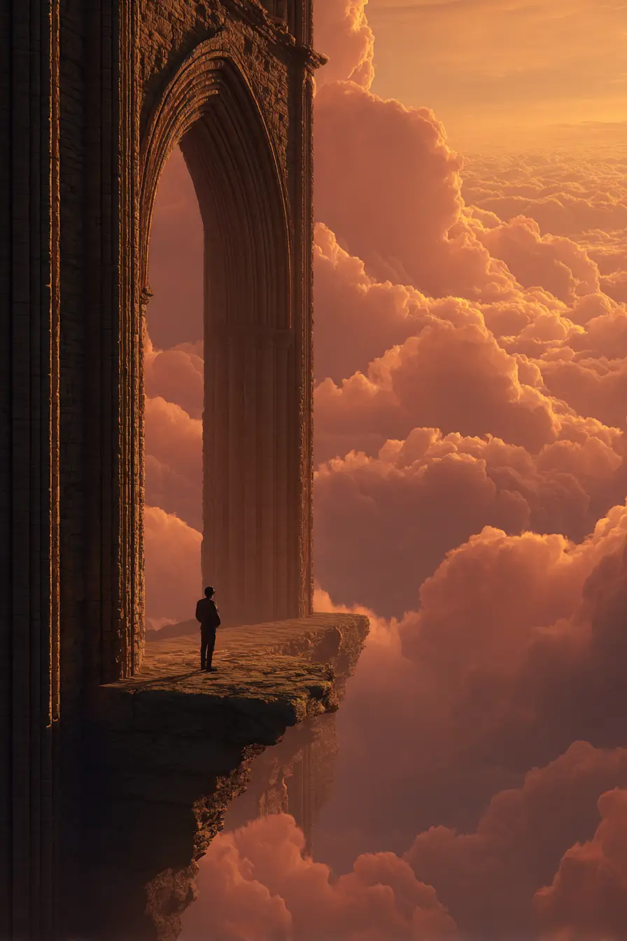Solitary figure on stone ledge in sky cathedral at sunset